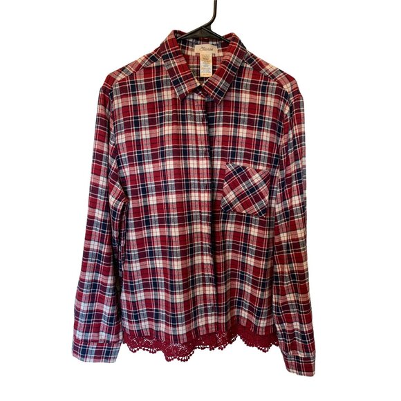 🍒 2/$20 🍒 Red Plaid with Lace Fringe and Explore Screen Print Flannel sz XL - Picture 1 of 8